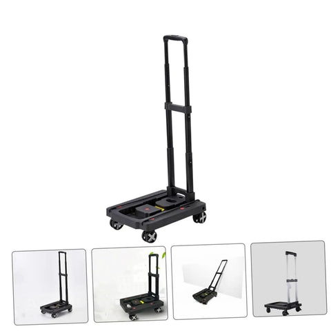 Rugged Portable Platform Cart With Folding Hand Truck For Travel And Everyday Hauling, Easy Push Cart Dolly, Durable Steel Build, Ergonomic Handle, Wide Use For Shopping Groceries Moving Boxes DIY Projects And Campus Runs, folded black steel cart