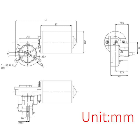 Heavy Lifting 12V DC Right Angle Reliable Electric Gear Motor With Sweet Smooth 45 Rpm Drive And Knockout Torque For Garage Doors technical drawing with measurements.