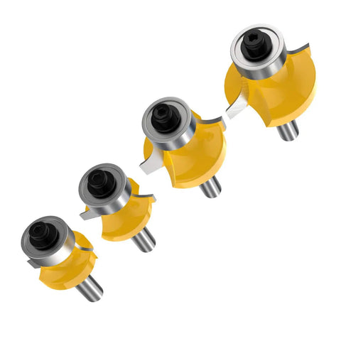Roundover Router Bit Set Four Piece With 1/4 Inch Shank Radii 1/8 1/4 3/16 5/16 Bearing Guide For Smooth Edge Rounding