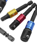Grab These 3-Piece Drill Socket Adapter Sets With One-Quarter, Three-Eighth And Half Inch Hex Shank Extensions Perfect For Your Impact Wrench Driver Kit. Chrome vanadium steel adapters, 1/4, 3/8, 1/2-inch hex shanks with ball lock