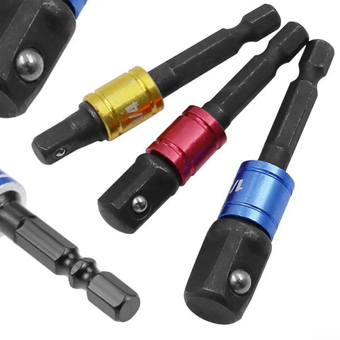 Grab These 3-Piece Drill Socket Adapter Sets With One-Quarter, Three-Eighth And Half Inch Hex Shank Extensions Perfect For Your Impact Wrench Driver Kit. Chrome vanadium steel adapters, 1/4, 3/8, 1/2-inch hex shanks with ball lock