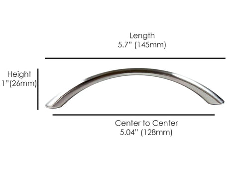 128mm Brushed Nickel Cabinet Pull Modern Curved Bar Handle dimensions showing length and center-to-center distance