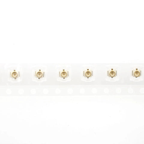 Close-up of 60 Pack PCB Mount Coaxial Connectors Set for SMD SMT Boards on tape, featuring 50 Ohm RF Female Socket Jacks.
