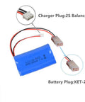 7.4V 2800mAh Li-Ion RC Battery 2 Pack With L6.2-2P Plug And 7.4V Balance Charger showing plugs and blue casing