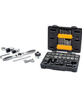 Ratcheting Tap And Die Set, 42 Piece SAE, With Five Degree Swing Arc T Handle Wrenches, open case with tools displayed.