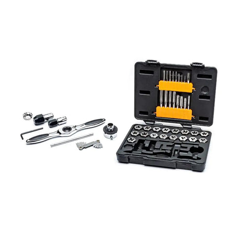 Ratcheting Tap And Die Set, 42 Piece SAE, With Five Degree Swing Arc T Handle Wrenches, open case with tools displayed.