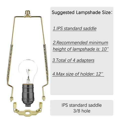 Easy Install Adjustable Lamp Harp Kit With 8 9 10 11 12 Inch Shade Options Fits Standard Lamp Rods And E14 E26 E27 Bases UNO Fitter Adapters Finial Set And Lampshade Bracket For Hassle Free Shade Sizing displayed with bulb and bracket details.