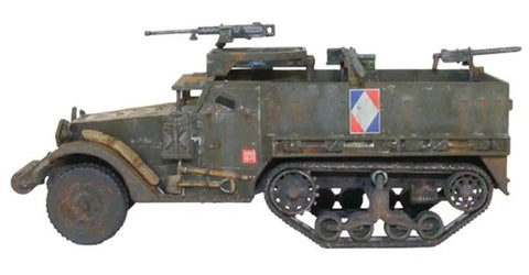 Side view of US Army M3A1 Half Track Scale Model Kit for Bolt Action War Gaming, 1/56 scale, 28mm plastic WWII miniature with decals.