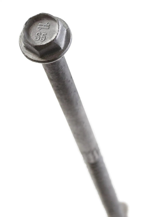Top view of a Beefy Heavy-Duty SDS Connector Screw One Quarter Inch By Six Inch Dark Blue Coated Type 17 Point For Quick Starts No Pre-Drill Wood Fastening Pack Of 100 showing hex head and markings.