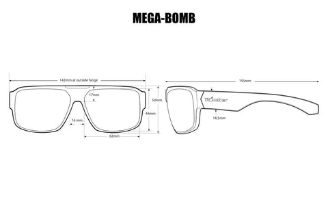 Floating Eyewear Mega Bomb Polarized Safety Sunglasses In Matte Black Frame With Smoke Lens ANSI Z87 Plus Certified dimensions