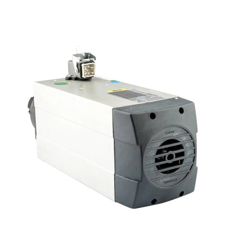 Heavy Duty 6KW Air Cooled Spindle Motor For CNC Router Woodworking Engraving Tools With ER32 Collet 18000 RPM 300Hz Italian Build viewed from the side.