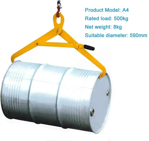 Heavy Duty Vertical Drum Clamp Lifter Tool For Steel And Plastic 550 Lb Capacity All Carbon Steel Construction Rugged Safety Handler lifting a 590mm drum.