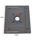 Heavy Duty Aluminum Alloy Router Table Insert Plate Trio Featuring Dead On Precision Drilled Holes And Rock Solid Angle Backstop Fence For Sweet Shop Setups showing dimensions and holes for precise fitting.