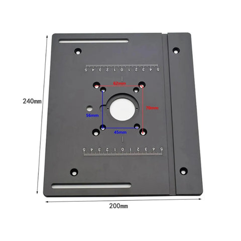 Heavy Duty Aluminum Alloy Router Table Insert Plate Trio Featuring Dead On Precision Drilled Holes And Rock Solid Angle Backstop Fence For Sweet Shop Setups showing dimensions and holes for precise fitting.