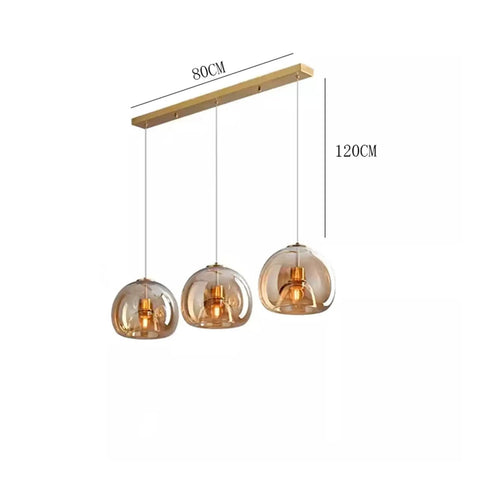 Modern Dine Dining Room Pendant Lights Indoor Lighting, 3-bulb ceiling lamp with amber glass shades, 80cm length, 120cm height.