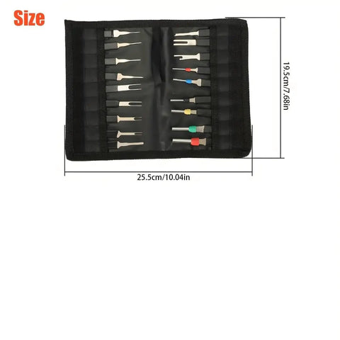 18 Piece Pro Terminal Removal Tool Kit With Ejector And Key Extractor in black cloth bag, dimensions 25.5x19.5cm