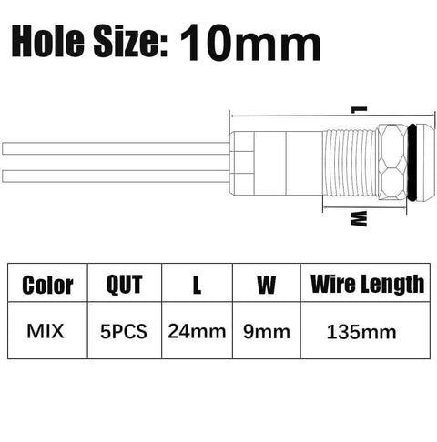 Diagram showing measurements of 5Pcs 10mm LED Indicator Lights AC DC 12 To 24V Waterproof Rugged Metal Signal Lamp Pilot Dash Lights.