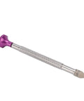 Pro Grade Watch Hand Presser Tool With 20 Pin Sizes for watchmakers, silver stainless handle, purple head attachment.