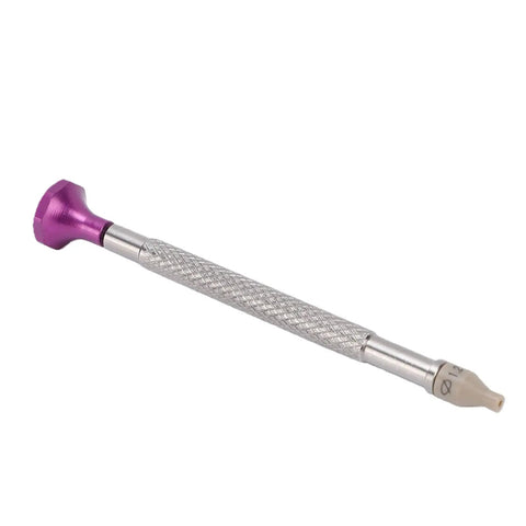 Pro Grade Watch Hand Presser Tool With 20 Pin Sizes for watchmakers, silver stainless handle, purple head attachment.