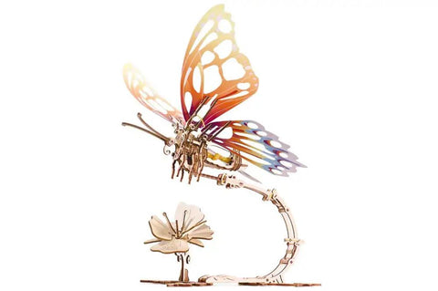 Wooden 3D Butterfly Puzzle Construction Set, Interlocking Mechanical Model With Clicking Assembly, Durable Craft Kit For Kids And Adults, Includes Illustrated Tutorial In 11 Languages And Fascinating Gear Motion, colorful butterfly on stand