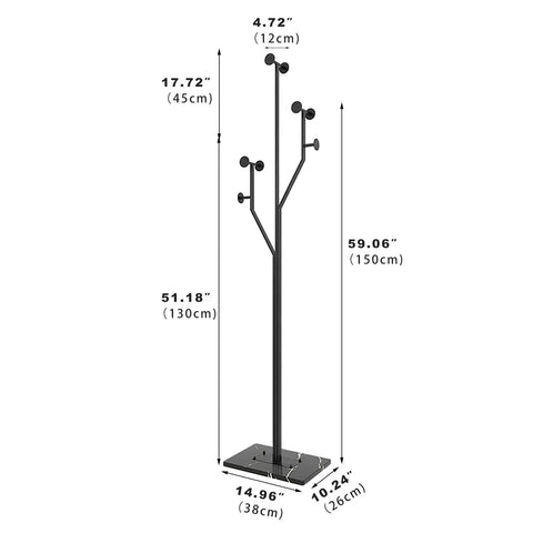 Dimensions of Heavy-Duty Freestanding Coat Rack With Tree-Shaped Metal Design And Marble Base, Corner Clothing Rack for Bedroom, Entryway, or Hallway, 68.9 Inches Tall, Sturdy 30kg Load Capacity, Black.