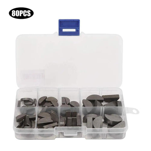 80Pcs Woodruff Key Set Stainless Steel Half Moon Keys For Gear Shafts Flywheels Pulleys And Cranks Assorted Sizes With Durable Storage Box Pro Grade Mechanical Fasteners Kit For Shop And DIY, shown in an open storage box with multiple compartments.