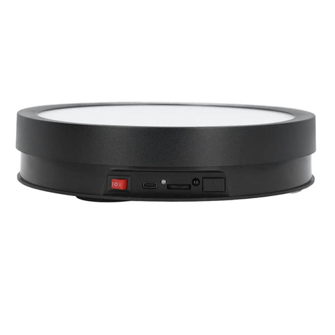 Side view of Stunning 360 Degree Rotating Display Stand With Electric Turntable, USB powered with control buttons.