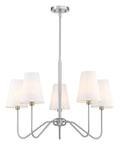 Five Light Linear Chandelier Lighting Fixture In Brushed Nickel With White Linen Shades For Kitchen Island Foyer And Living Room Lit