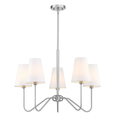 Five Light Linear Chandelier Lighting Fixture In Brushed Nickel With White Linen Shades For Kitchen Island Foyer And Living Room Lit