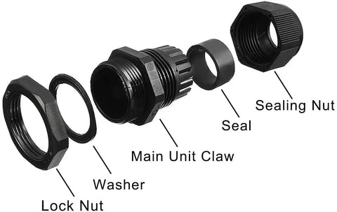 Waterproof PG9 Cable Gland System Adjustable 4-8mm Range With Gaskets M16 1.5 Thread exploded view showing components.