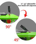 Portable Benchtop Table Saw With 800W Powerhouse Motor, showing 0°-45° adjustable blade tilt mechanism.