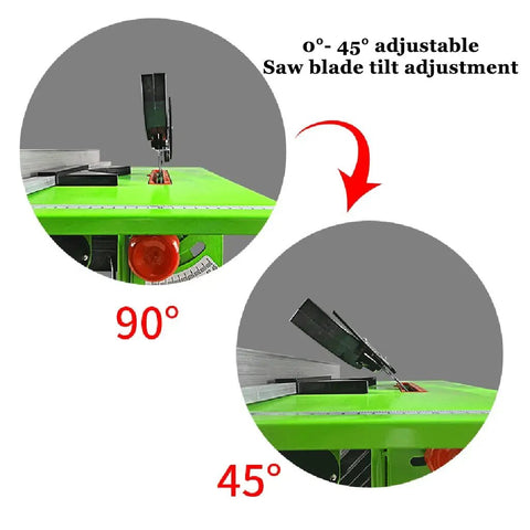 Portable Benchtop Table Saw With 800W Powerhouse Motor, showing 0°-45° adjustable blade tilt mechanism.