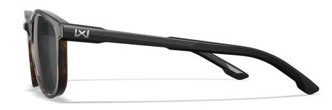 Side view of Top Shelf Shatterproof Sunglasses And Work Safety Shades featuring a glossy tortoise frame and polarized grey lenses.