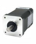 Front view of NEMA 23 57mm stepper motor with silver square flange, black housing and protruding shaft
