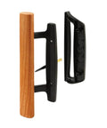 Mortise Style Reversible Sliding Patio Door Handle Set With Oak Wood Interior Handle And White Diecast Exterior Pull An Easy Swap For Your Old Door Hardware Fits 3-15/16 Inch Screw Hole Spacing Non Keyed With Latch Locks Black showing separate handles
