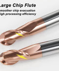 Angled view of two copper ball-nose carbide end mills, 1–4 mm, 2-flute CNC router bits from ASNOMY 5-piece set