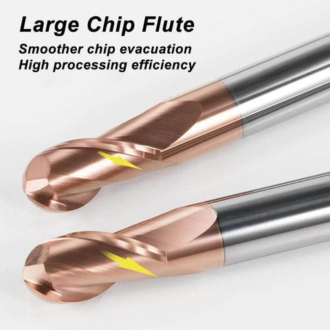 Angled view of two copper ball-nose carbide end mills, 1–4 mm, 2-flute CNC router bits from ASNOMY 5-piece set