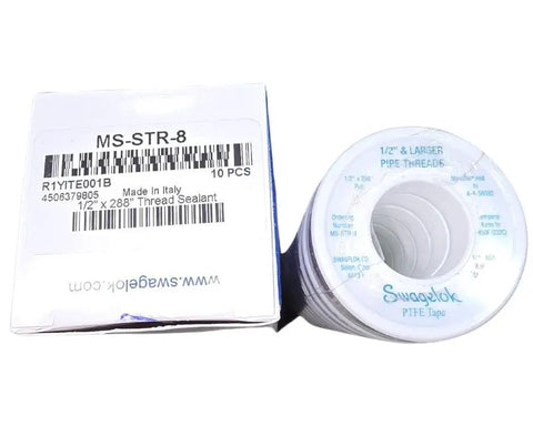 PTFE Pipe Thread Sealant Tape 10 Pack For NPT Fittings Half Inch Wide And 288 Inch Long, industrial grade, box and rolls shown
