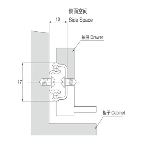 Diagram of Rock Solid Iron Two Section Ball Bearing Drawer Slide Rail installation with 17mm width for tight cabinet storage.