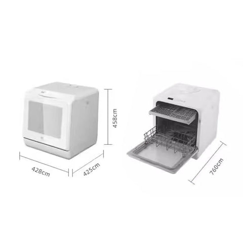 Compact Countertop Dishwasher Fully Automatic No Plumbing Needed Quick Dry Triple Filter Holds Large Plates from side and open view.