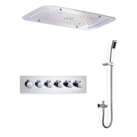 Top Shelf Led Ceiling Shower Set With Five Dynamic Modes Serving Heavy Rainfall Smooth Waterfall And Chill Spa Mist Directly In Your House Bathroom For Prime Weekend Vibes, featuring chrome shower panel and handheld unit.