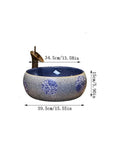 USZWBY Vessel Sinks Bathroom Vessel Sink Vanity Round Ceramic Washbasin Vintage Art Countertop Basin with Faucet Bathroom Bowl Sink with decorative patterns