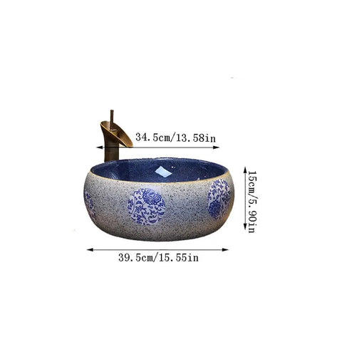 USZWBY Vessel Sinks Bathroom Vessel Sink Vanity Round Ceramic Washbasin Vintage Art Countertop Basin with Faucet Bathroom Bowl Sink with decorative patterns