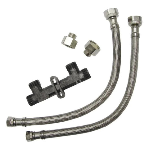 Watts Premier replacement sensor valve kit with two braided stainless steel supply hoses and fittings.