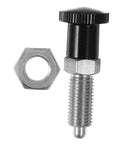 Stainless Steel Spring Indexing Plunger With Fast Reset Mechanism Snaps Back Into Position Dead Nuts Every Time For Heavy Machinery And Garage Builds Solid Tool Parts That Never Drop The Ball, featuring black knob design and metal nut.
