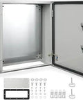 24 By 16 By 10 Inch Steel Electrical Enclosure Box IP66 Weatherproof NEMA Rated Outdoor Indoor Junction Box with open door and parts visible
