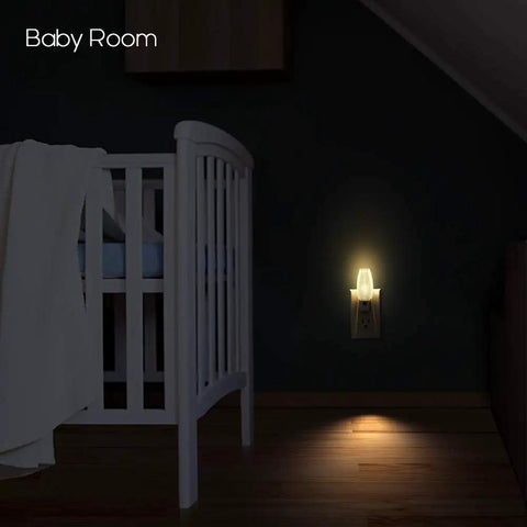 8 Pack Plug In Kid Friendly Night Light With Dusk To Dawn Sensor 2700K Warm White LED Nightlight in a baby's room by crib