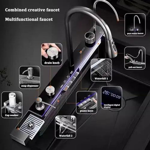 Multifunctional Stainless Steel Waterfall Faucet for Large Single Bowl Sinks - Honeycomb Pattern Design, showing various functionalities and controls.