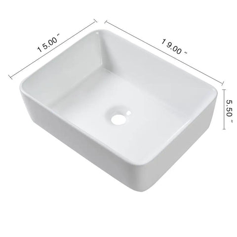 Rectangular White Vessel Sink 19x15 Inches For Above Counter Vanity, Modern Porcelain Ceramic Bathroom Basin with dimensions shown