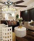 Sleek Crystal Ceiling Fan With Integrated LED Lighting And E27 Socket Remote Control Ultimate Home Upgrade For Bedroom Kitchen Or Foyer To Keep The Vibes Cool And Fresh in a modern living room.
